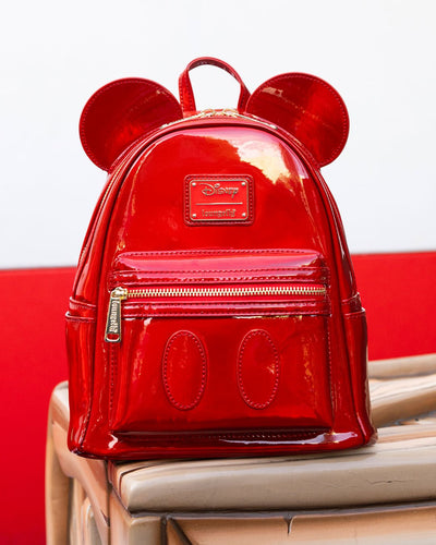 671803459625 - 707 Street Exclusive - Loungefly Disney Mickey Mouse Holographic Series Mini Backpack - Ruby - Red Loungefly Holographic Bag In Front of Donald's Boat at Disneyland