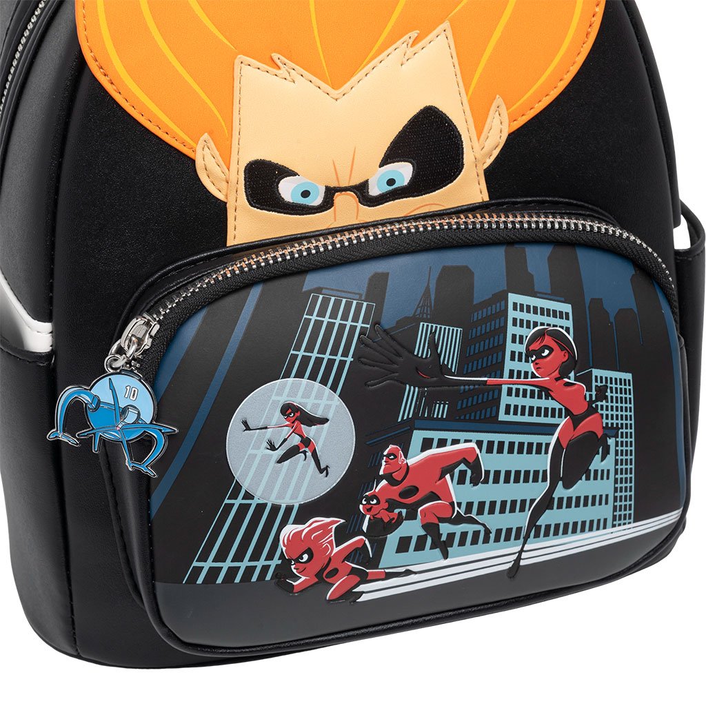 707 Street Exclusive - Loungefly Disney Pixar The Incredibles Villains Scene Syndrome Mini Backpack - Front Pocket Close Up