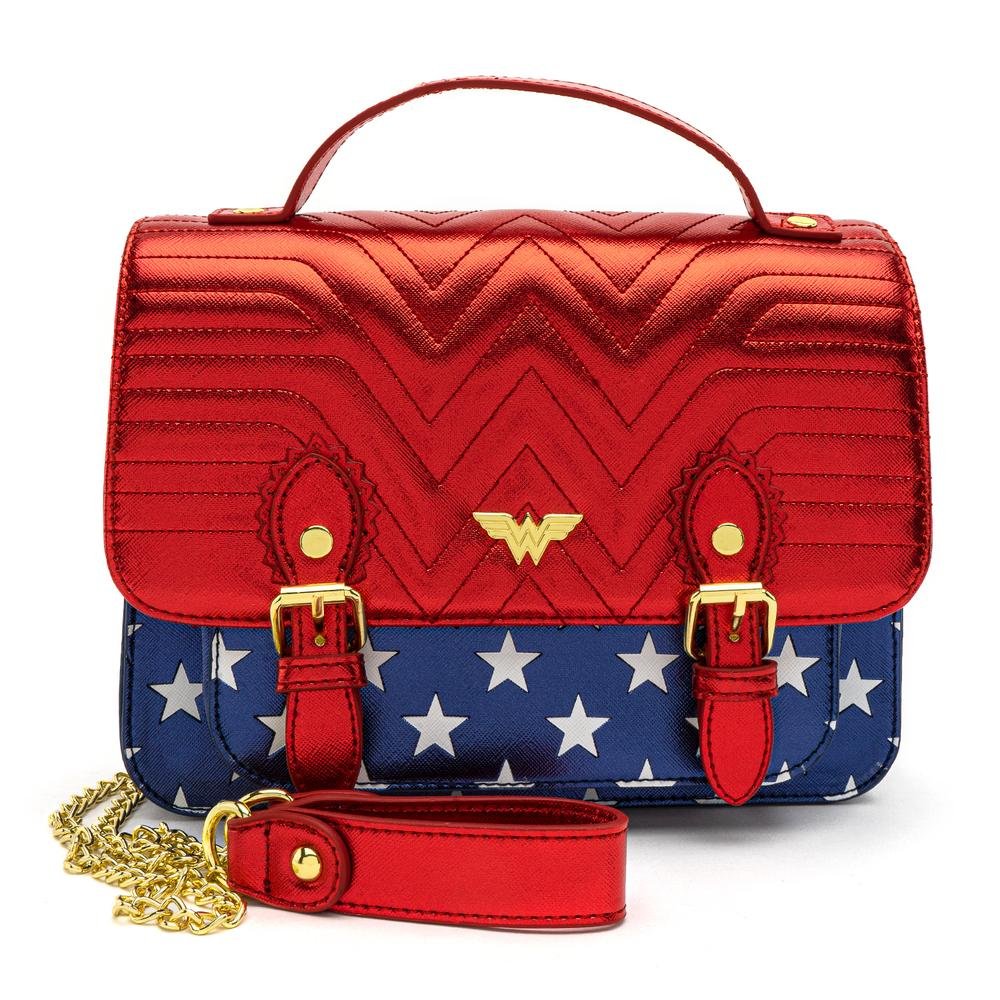 LOUNGEFLY X DC COMICS WONDER WOMAN RED WHITE AND BLUE GOLD CHAIN CROSSBODY BAG - FRONT