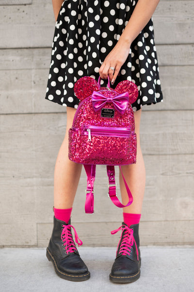 707 Street Exclusive - Loungefly Disney Minnie Mouse Magenta Sequin Mini Backpack - Lifestyle Image 02