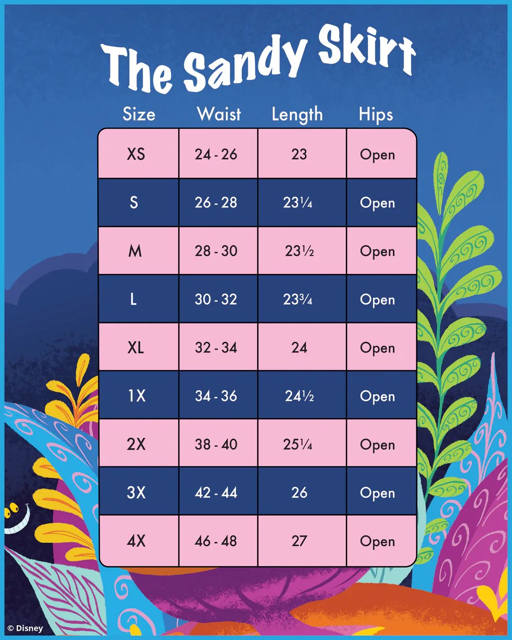 Stitch Shoppe by Loungefly Disney Alice in Wonderland Caterpillar Dream Sandy Skirt - Size Chart