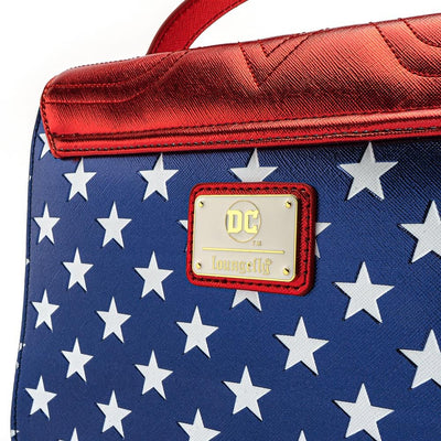 LOUNGEFLY X DC COMICS WONDER WOMAN RED WHITE AND BLUE GOLD CHAIN CROSSBODY BAG - BACK DETAIL