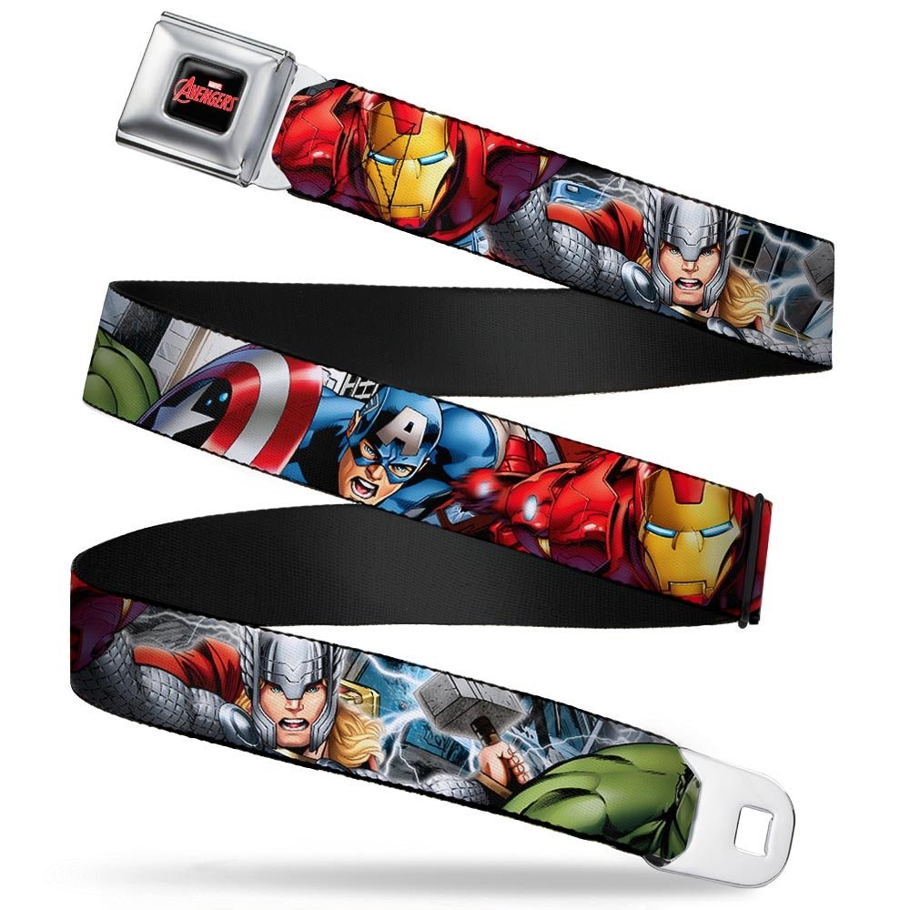 Marvel Avengers Logo Full Color Black Red White - Marvel Avengers 4-Superhero Poses Close-Up Webbing Seatbelt Belt-FRONT