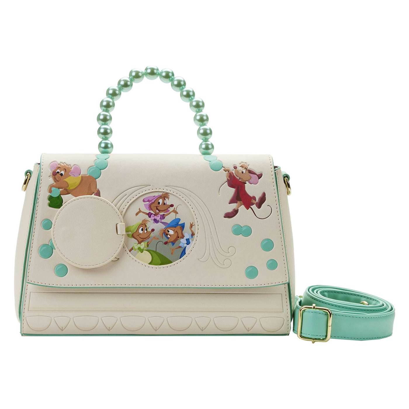 Loungefly Disney Cinderella Gus Gus And Jack Bead Handle Crossbody - Front Open Pocket