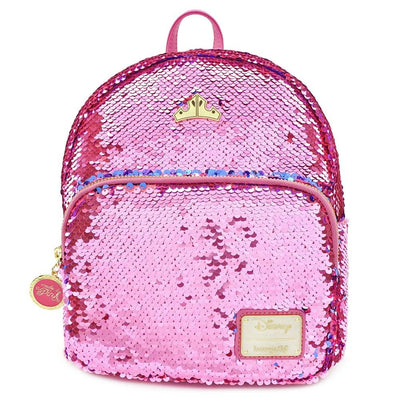 LOUNGEFLY X DISNEY PRINCESS SLEEPING BEAUTY REVERSIBLE SEQUIN MINI BACKPACK - FRONT