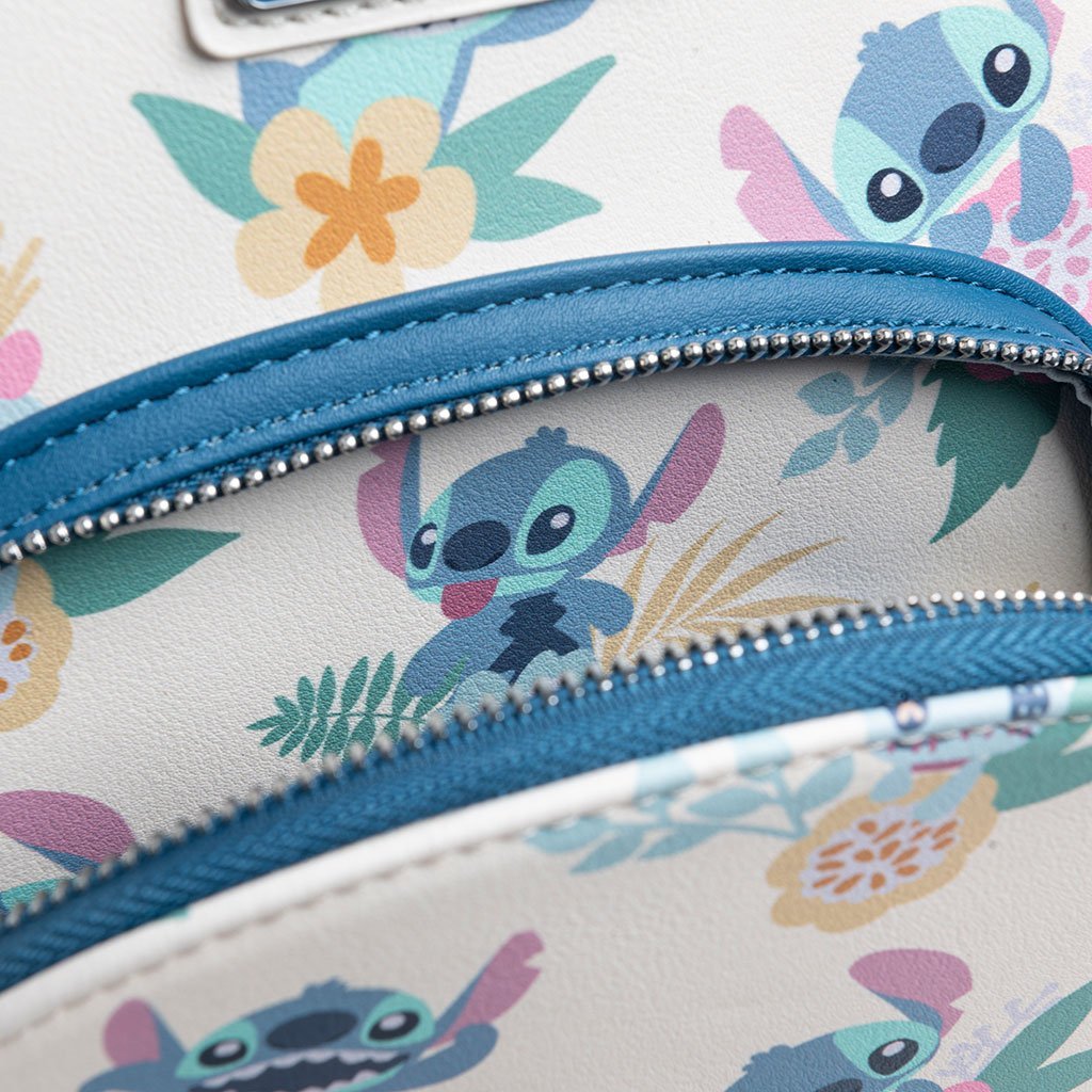 707 Street Exclusive - Disney Lilo & Stitch Hawaiian Flowers Stitch and Scrump Allover Print Mini Backpack - Front Compartment