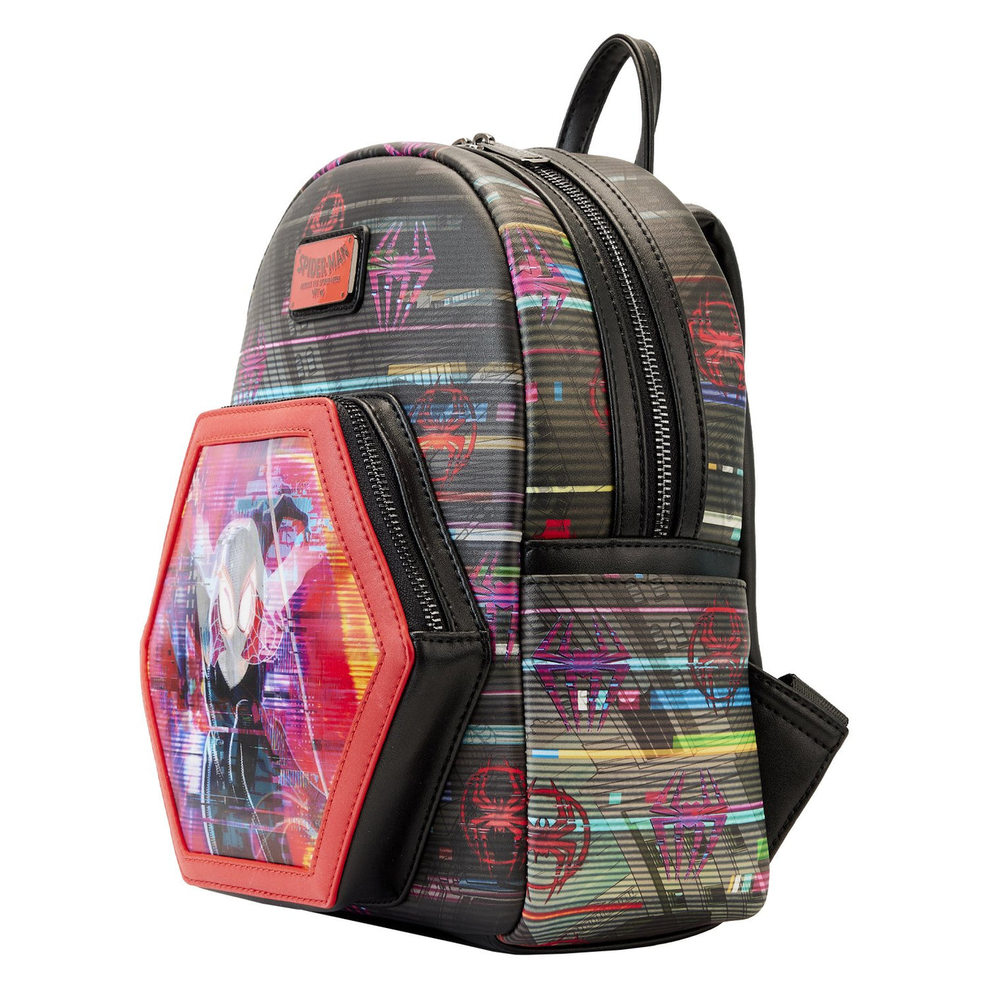 671803441880 - Loungefly Marvel Across the Spiderverse Lenticular Mini Backpack - Side View