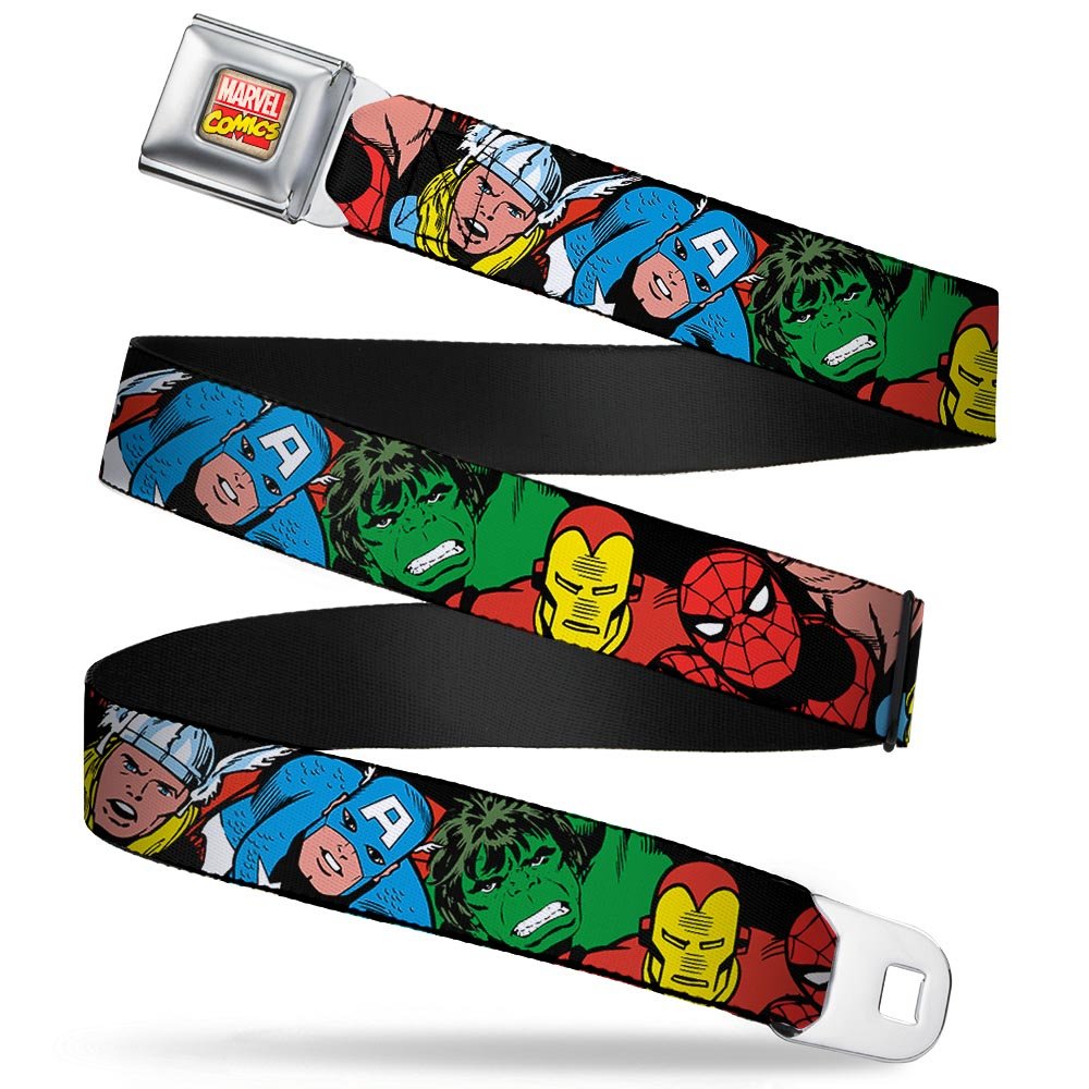 Marvel Comics Logo Full Color - 5-Marvel Characters Black Webbing Seatbelt Belt-FRONT