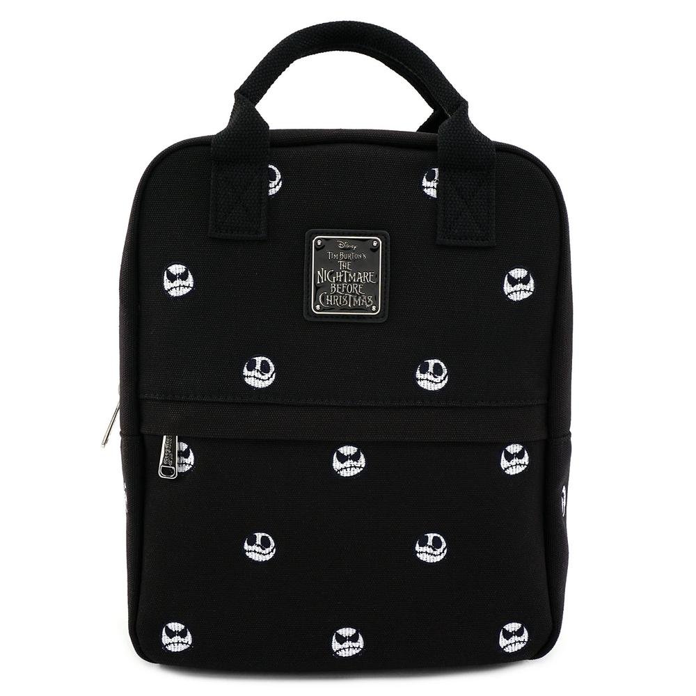 LOUNGEFLY X THE NIGHTMARE BEFORE CHRISTMAS JACK SKELLINGTON EMBROIDERED HEADS CANVAS MINI BACKPACK - FRONT