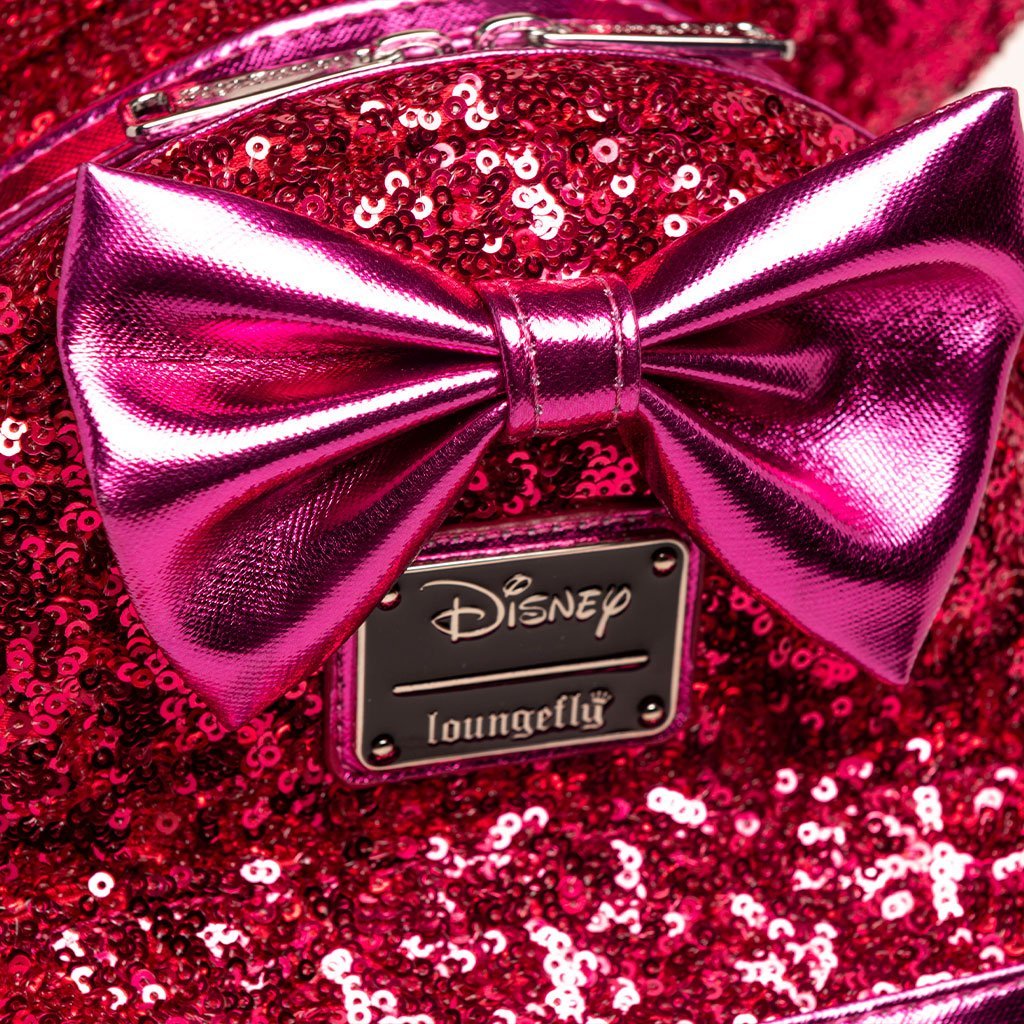 707 Street Exclusive - Loungefly Disney Minnie Mouse Magenta Sequin Mini Backpack - Bow Close Up