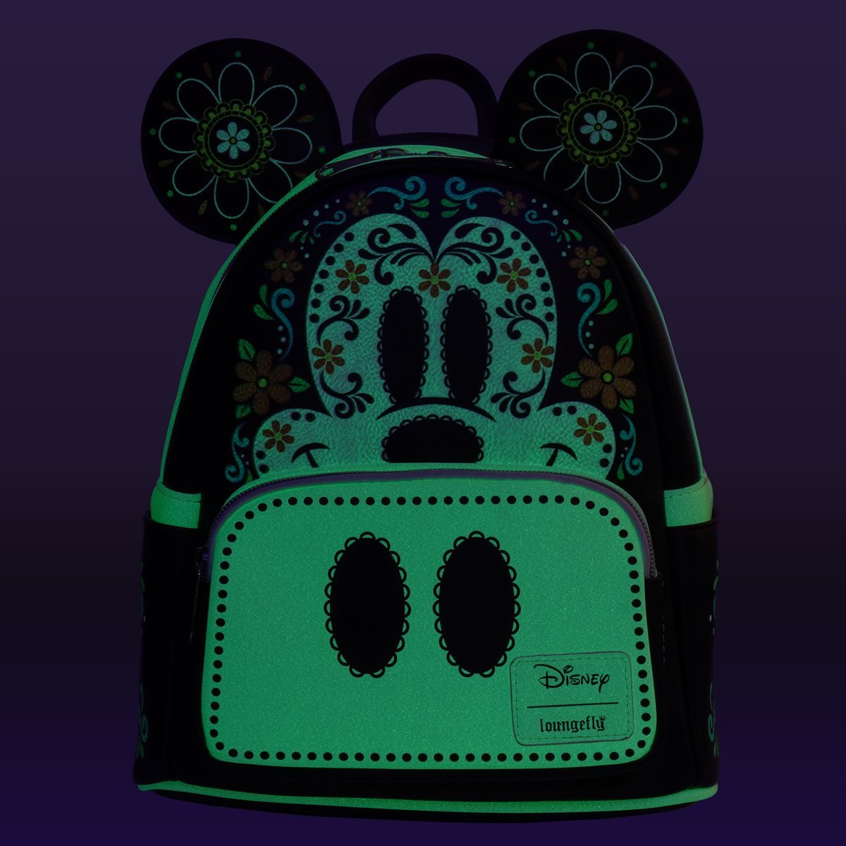 671803441897 - Loungefly Disney Mickey Mouse Dia de los Muertos Sugar Skull Mini Backpack - Entertainment Earth Ex - Glow in the Dark