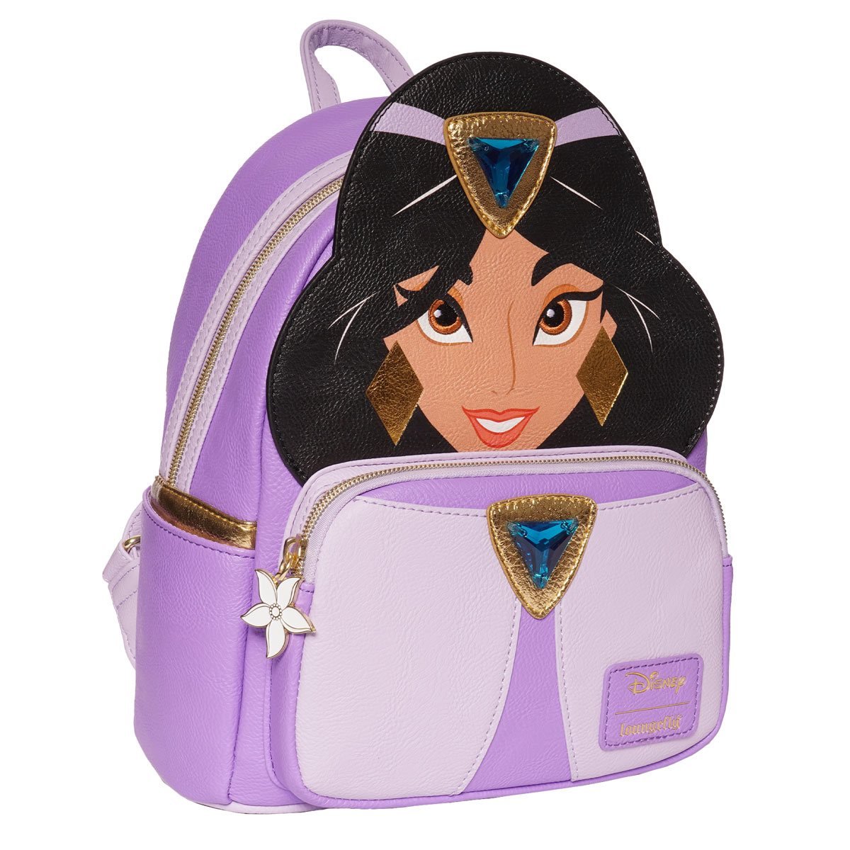 Loungefly Disney Aladdin Jasmine Purple Cosplay Mini Backpack - Entertainment Earth Ex Loungefly mini backpack side view